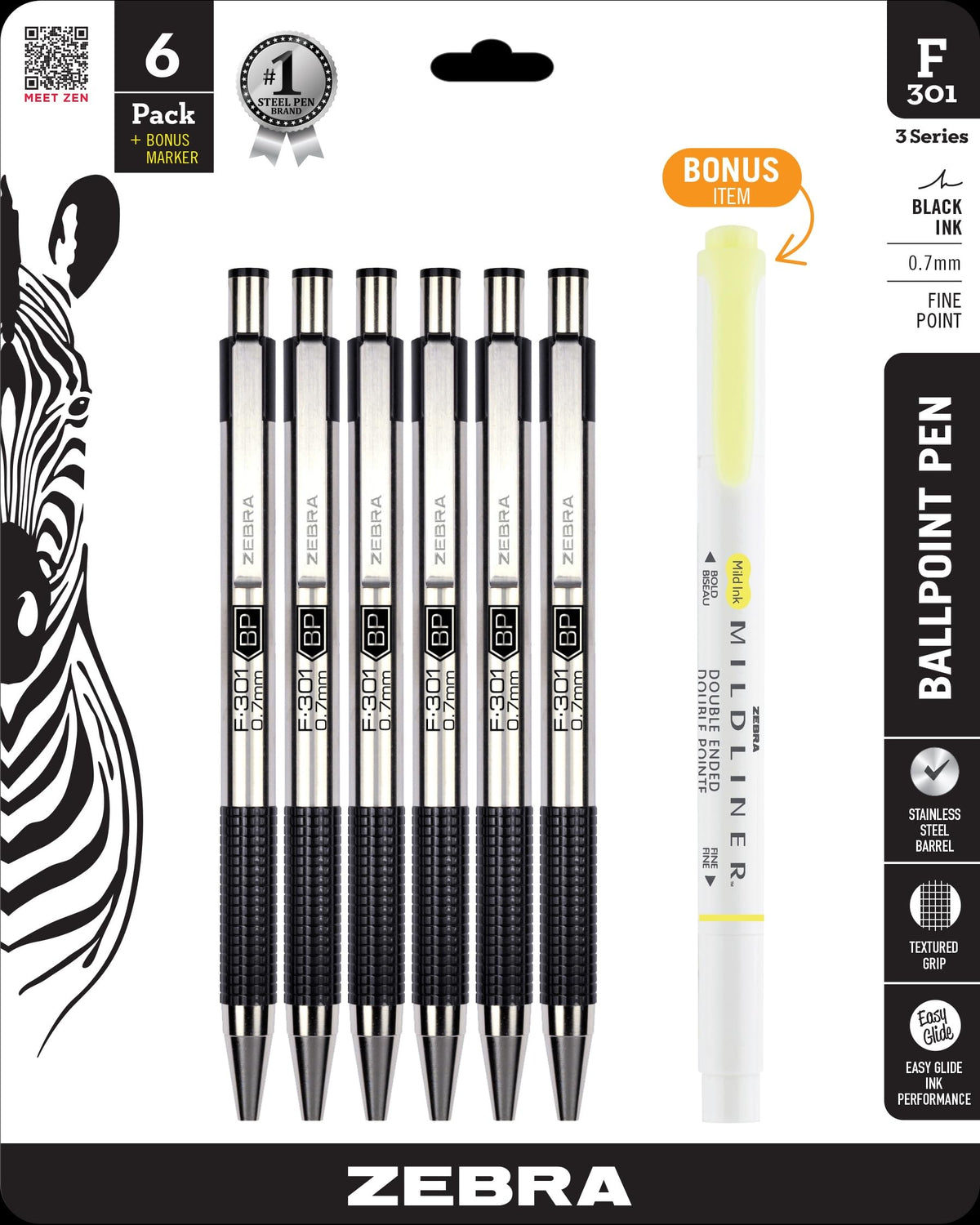 Zebra Pen STEEL F-301 Ballpoint Pen, Black, Blue, Red, Green, 0.7mm, 4-Pack