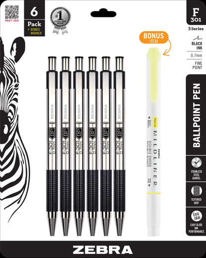 Zebra Pen STEEL F-301 Ballpoint Pen, Black, Blue, Red, Green, 0.7mm, 4-Pack