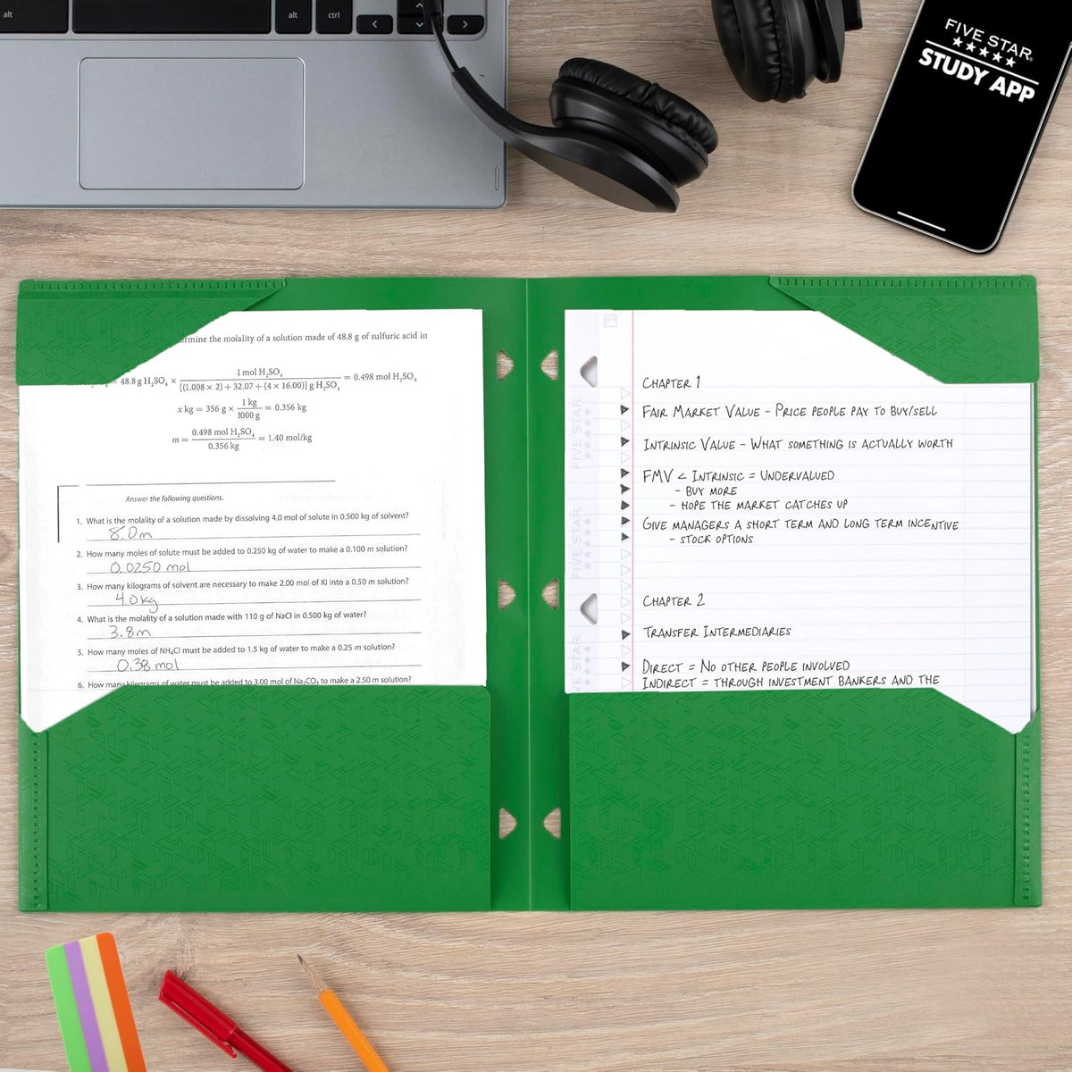 Five Star 2-Pocket Folder, Plastic Folder with Stay-Put Tabs, Fits 3-Ring Binder, Holds 8-1/2" x 11" Paper, Forest Green (333420E-ECM)