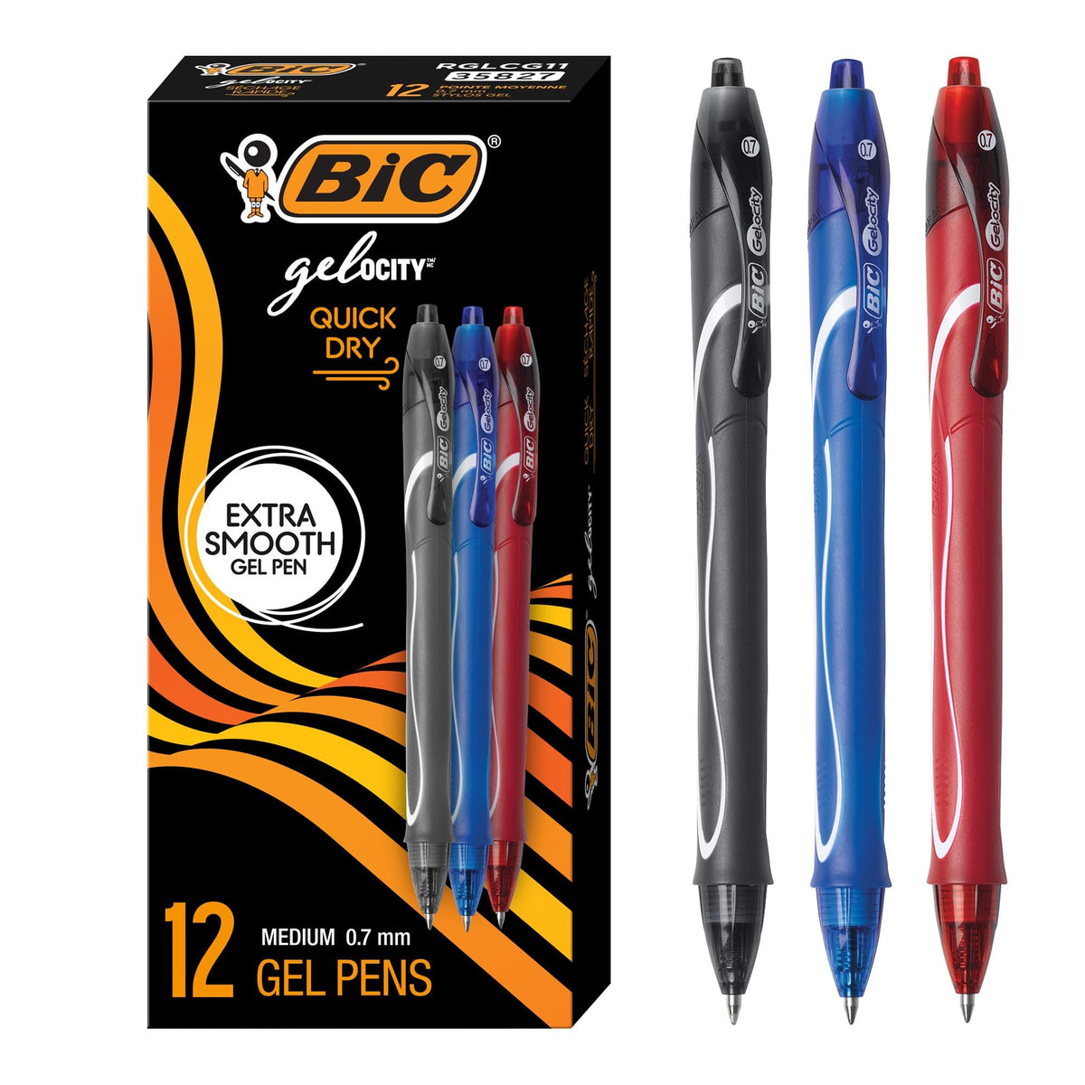 BIC Gelocity Quick Dry Black Gel Pens, Medium Point, 0.7 mm, 12-Count