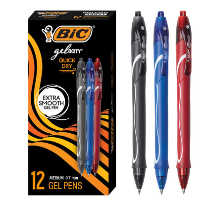 BIC Gelocity Quick Dry Black Gel Pens, Medium Point, 0.7 mm, 12-Count
