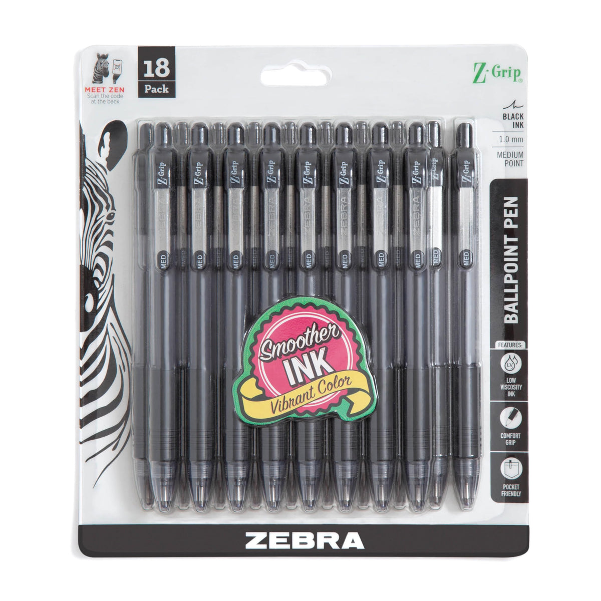 Zebra Pen Z-Grip Retractable Ballpoint Pen, Black/Blue, 1.0mm, 18-Pack