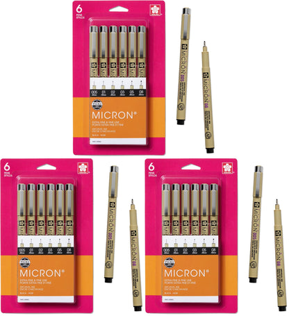 Sakura Pigma Micron Fineliner Pens, Black, Assorted Points - 6 Pack