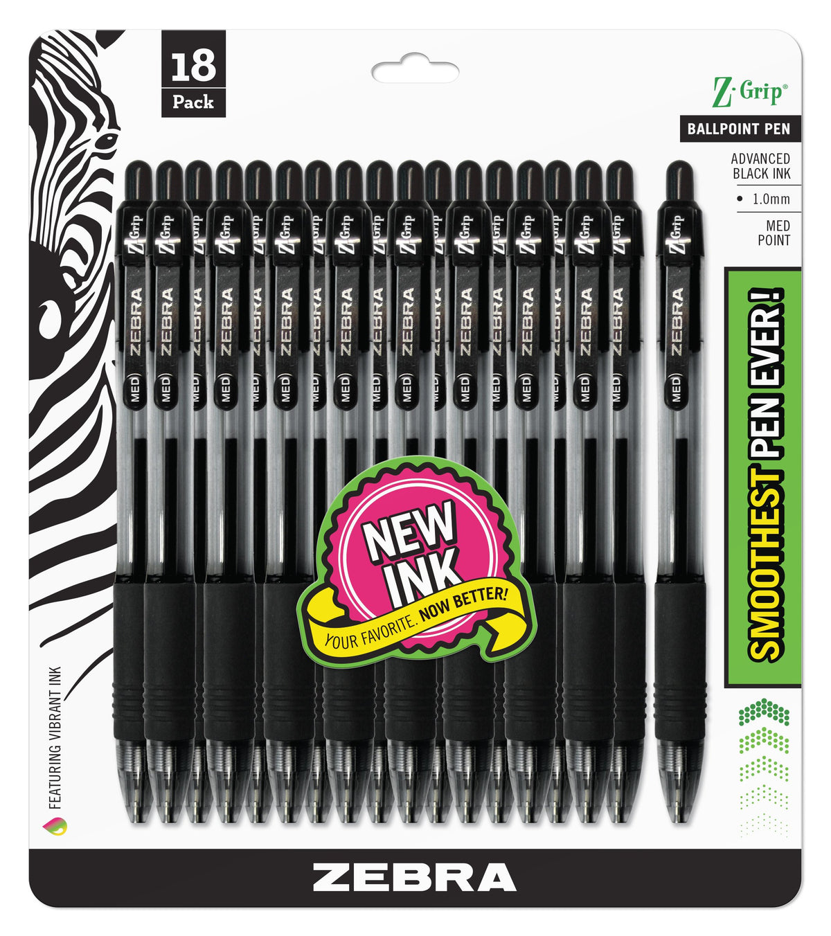 Zebra Pen Z-Grip Retractable Ballpoint Pen, Black/Blue, 1.0mm, 18-Pack
