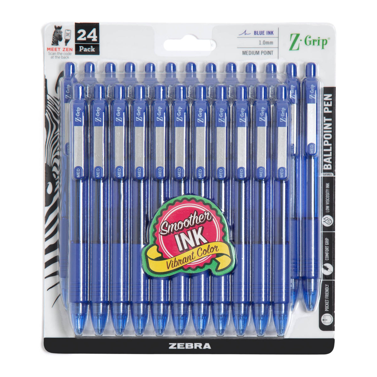 Zebra Pen Z-Grip Retractable Ballpoint Pen, Black/Blue, 1.0mm, 18-Pack