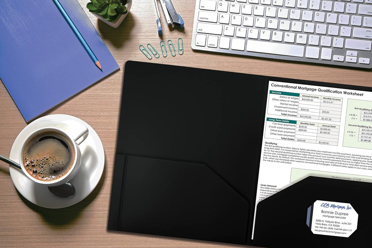 Better Office Products Heavyweight Plastic 2 Pocket Portfolio Folder, Letter Size Poly Folders 24 Pack (Black)