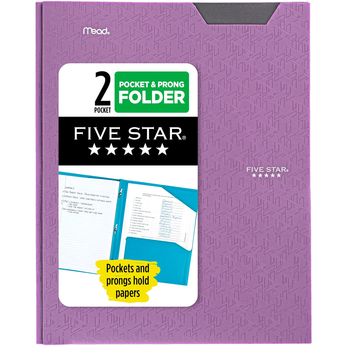Five Star 2-Pocket Folder, Plastic Folder with Stay-Put Tabs and Prong Fasteners, Holds 8-1/2" x 11" Paper, Black (72113)